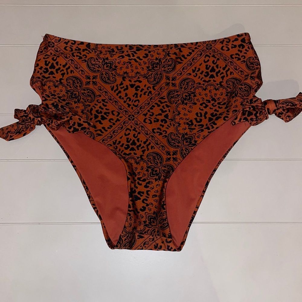 Chelsea & Violet Burnt Orange Paisley & Leopard High Waist Swim Bottoms